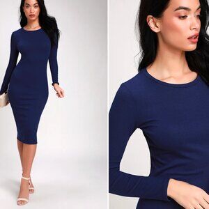 Lulus Connelly Navy Blue Ribbed Long Sleeve Bodycon Midi Dress